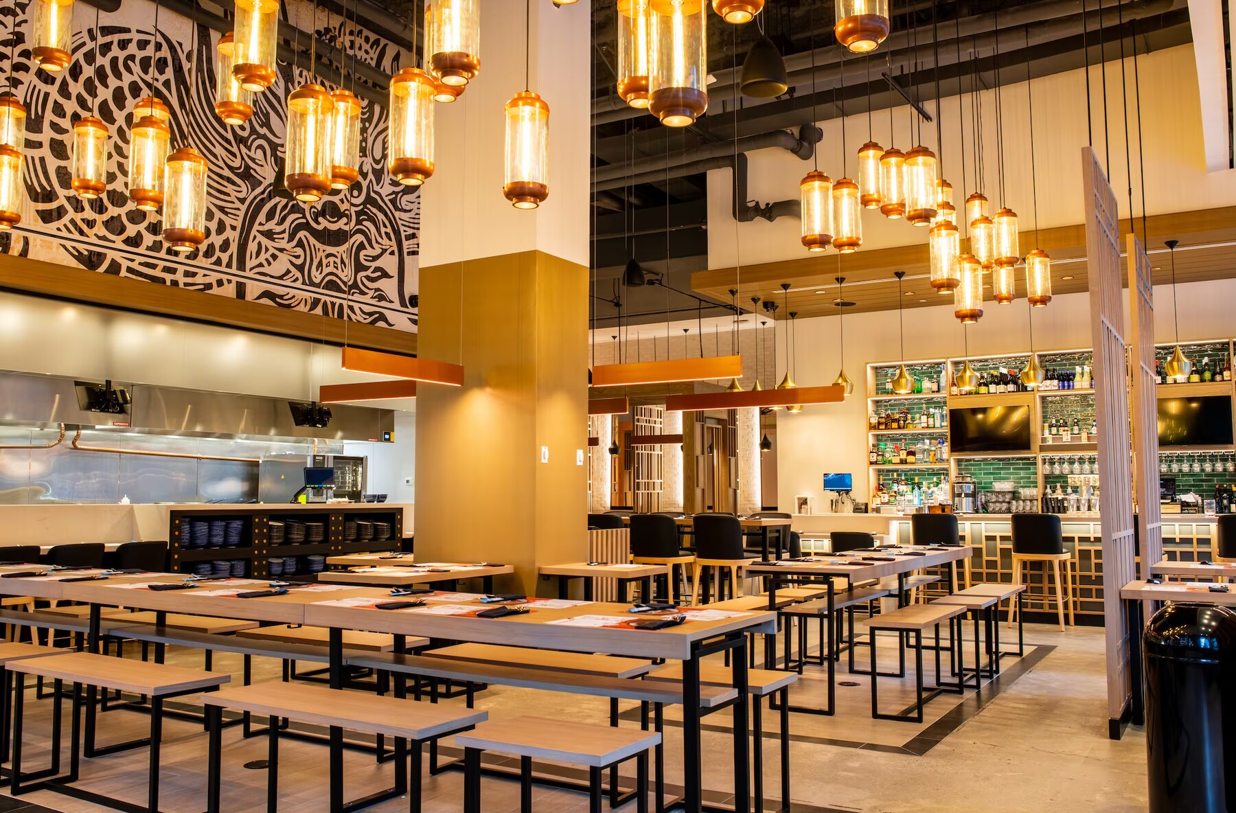 Wagamama Tampa dining room with custom pendant lighting and lighting controls